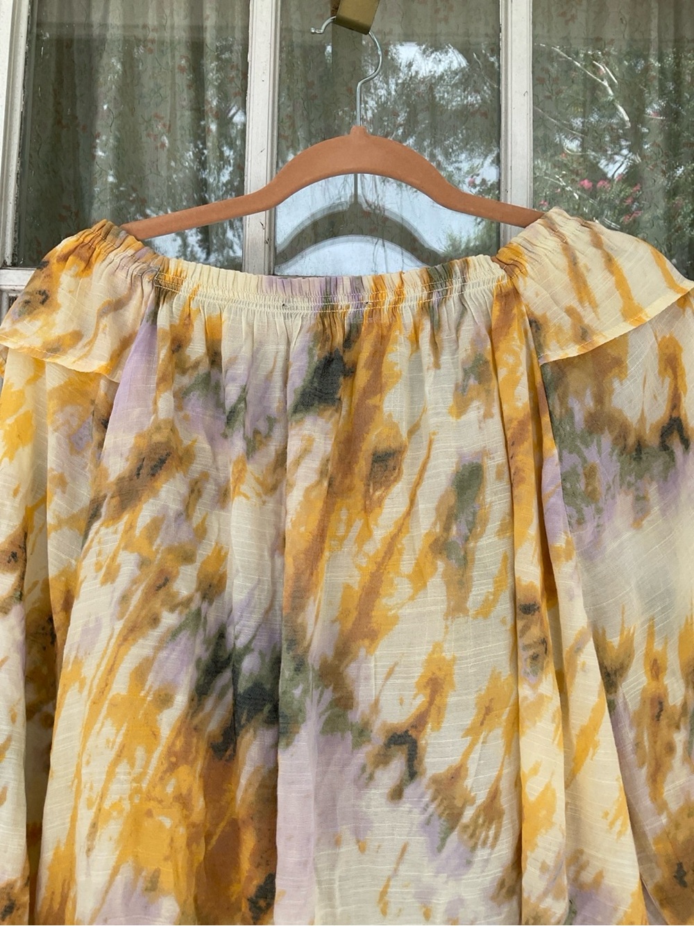 ZC & Rachel Off Shoulder Watercolor Peasant Blouse XL Boho Balloon Sleeve